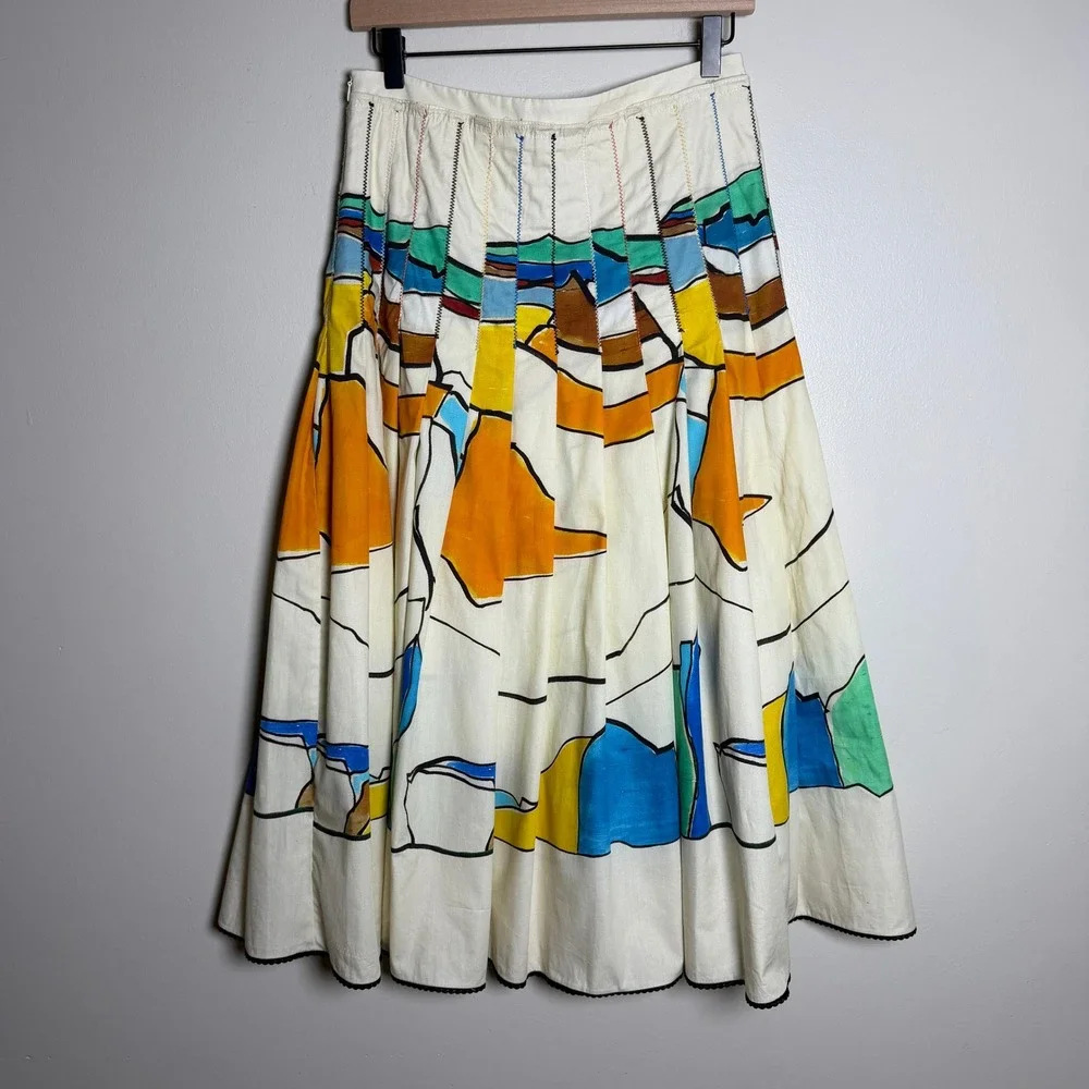 Zara Womens 100% Cotton Skirt M Artsy Multicolor Abstract Print Pleated Midi